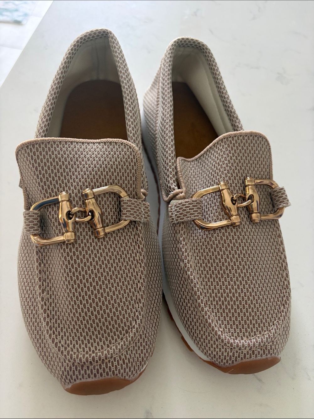 NWOT- Never Worn! Women's Beige Mesh Slip-On Loafers with Gold Bit Detail